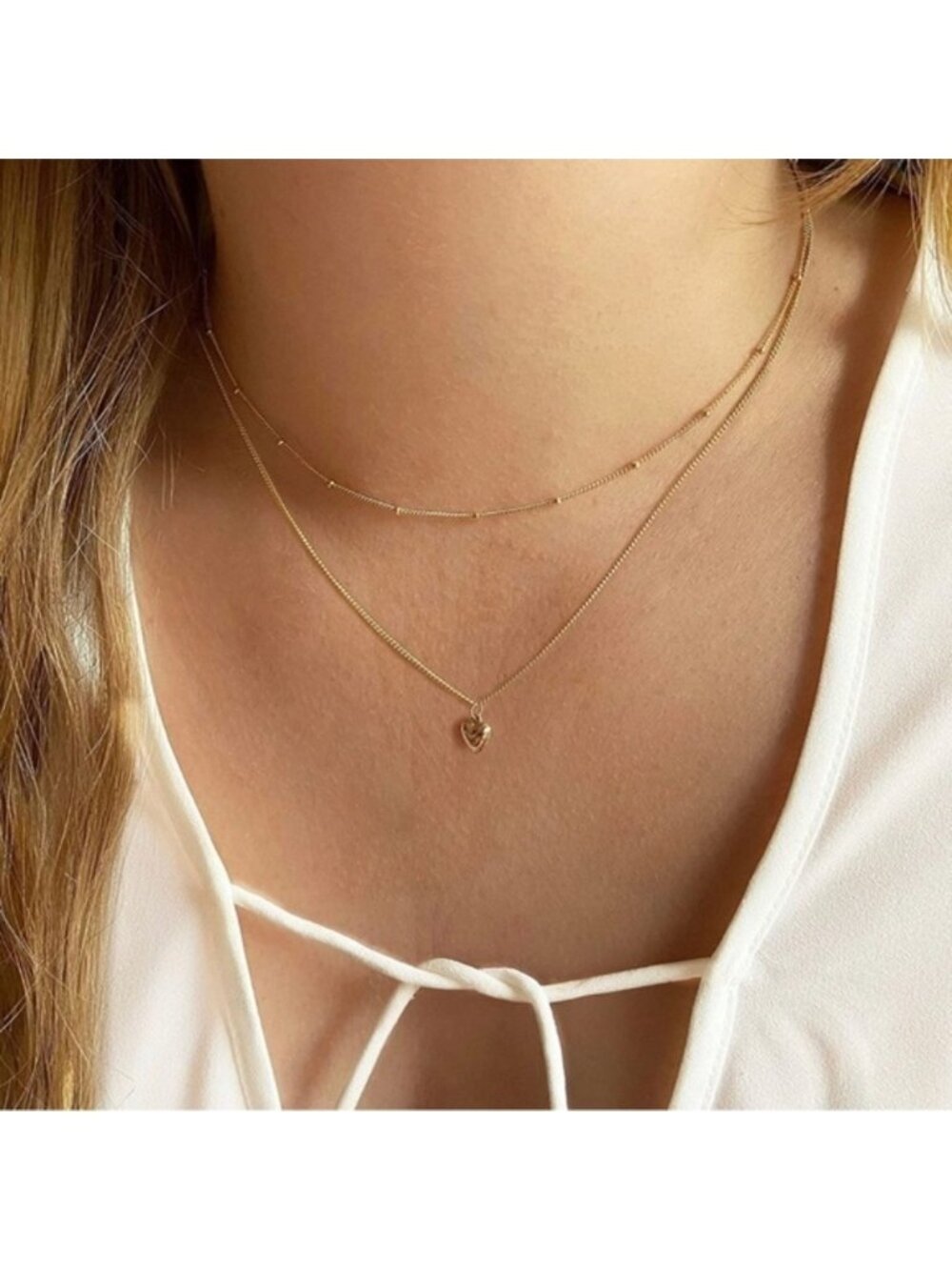Gold 14k Gold Plated Two Piece Heart Beaded Necklace Set